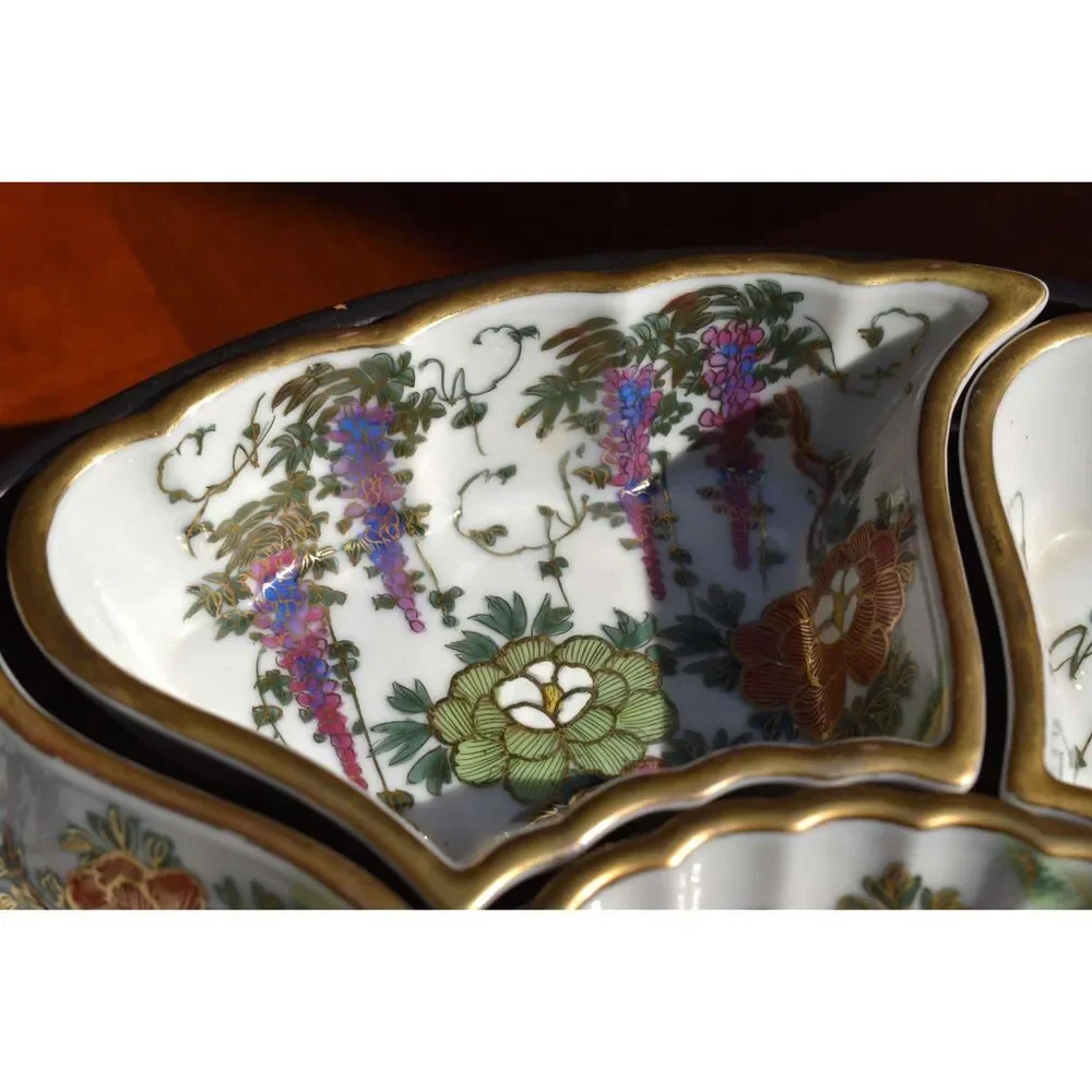 Vintage Japanese 8 Piece Hand-Painted Kutani Floral Lazy Susan Lacquer Base
